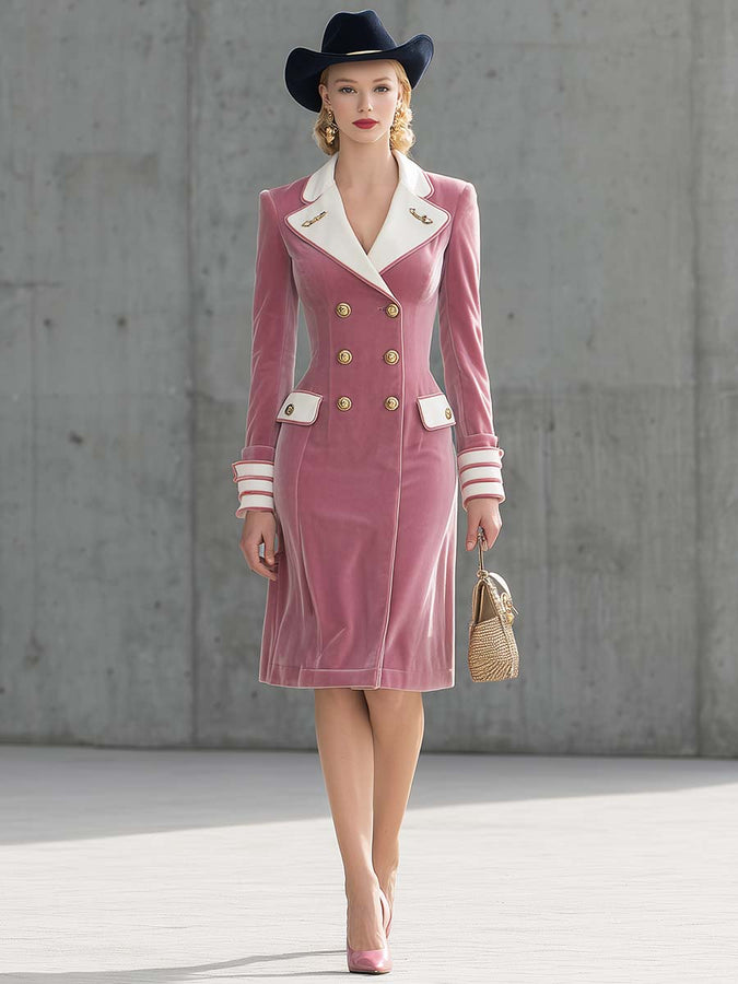Robe Midi Vintage en Velours Rose Pâle avec Revers Contrastés et Double Boutonnage