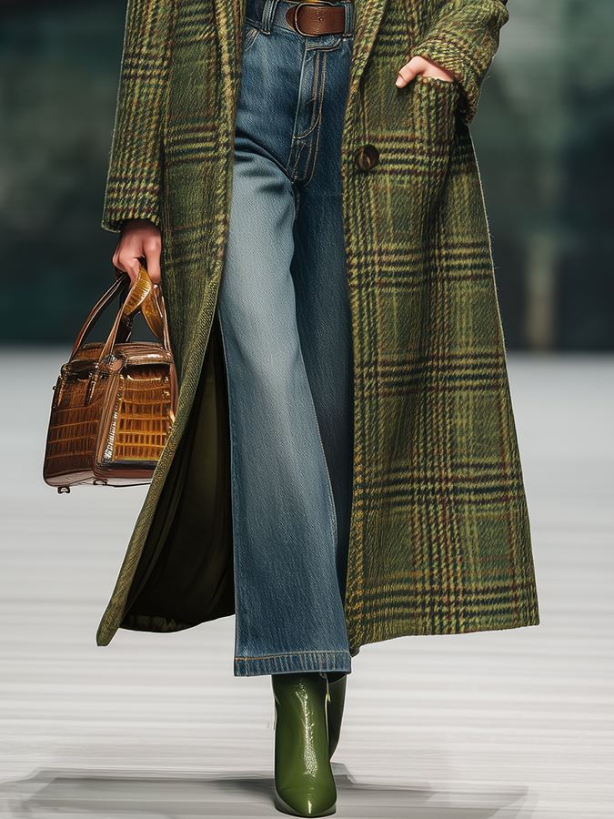 Veste Longue en Laine à Motif Carreaux Vintage