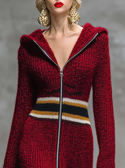Robe Maxi Rouge Profond en Tricot avec Capuche et Fermeture Éclair