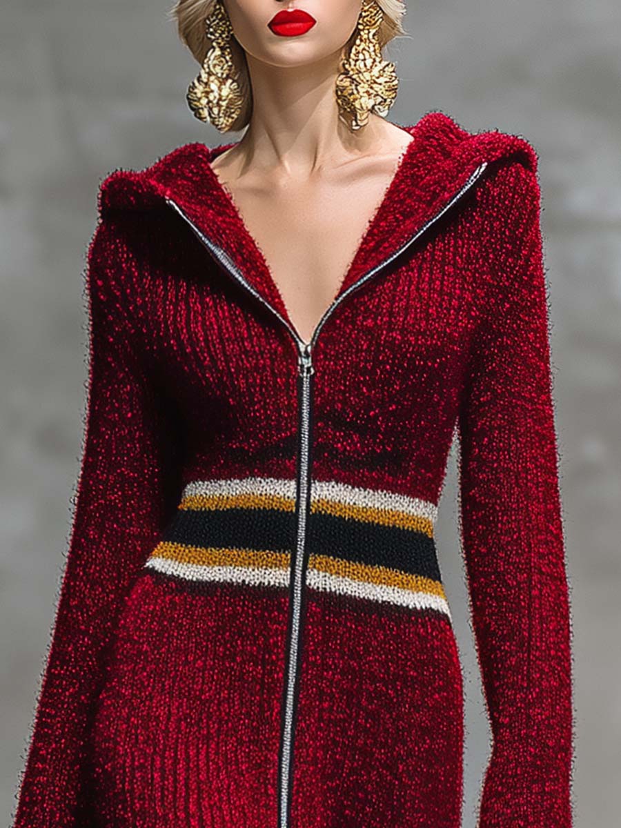 Robe Maxi Tricotée à Capuche avec Fermeture Éclair et Col en V - Rouge Profond