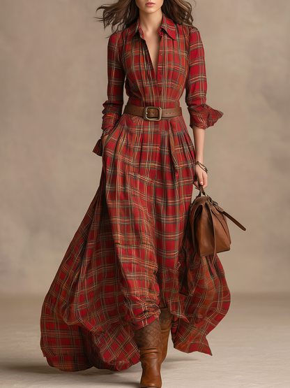 Robe Maxi Vintage à Motif Carreaux avec Col Revers et Manches Longues