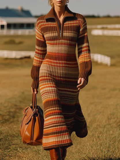 Robe Midi Rayée Rouge et Marron à Demi-Zip au Style Rétro