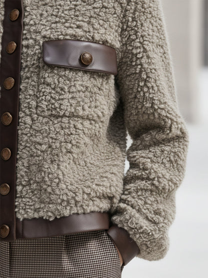 Veste Rétro en Fausse Fourrure avec Détails en Simili Cuir et Col Rond