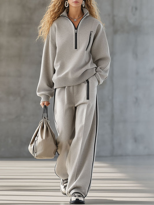 Ensemble Sportif Gris Clair avec Sweat-shirt à Demi-Fermeture Éclair et Pantalon Confort