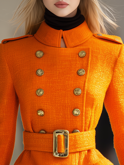 Veste Vintage en Tweed à Col Montant et Double Boutonnage