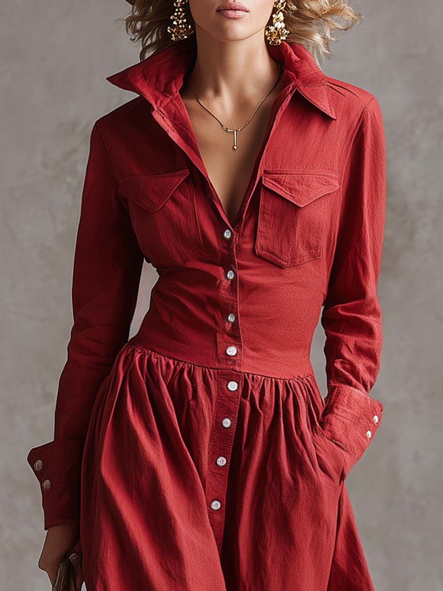 Robe Maxi Élégante en Coton et Lin Rouge - Style Veste de Vent avec Détails à Boutons
