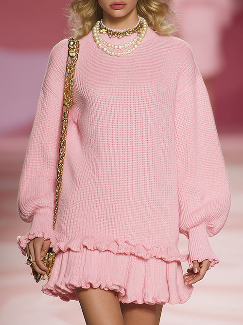 Robe Mini Tricotée Rose : Élégance Romantique avec Ourlet Flottant