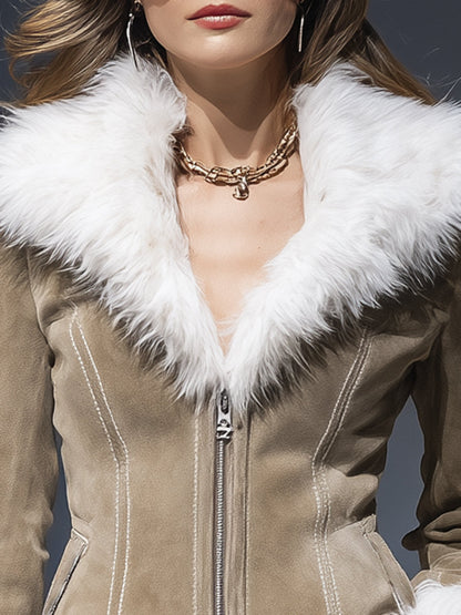 Veste Khaki en Suédine avec Détails en Peluche Vintage