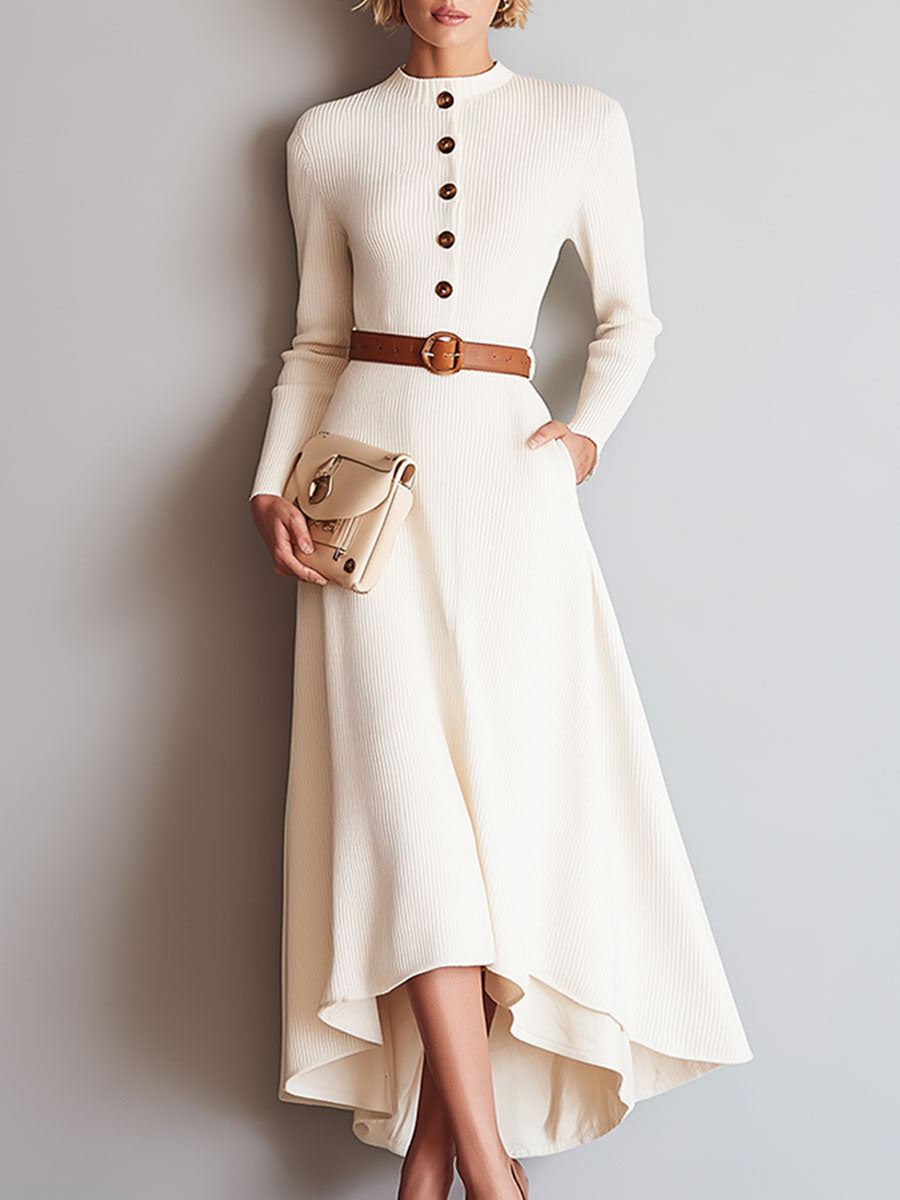 Robe Midi Beige Rétro à Boutons en Tricot - Style Ample et Élégant