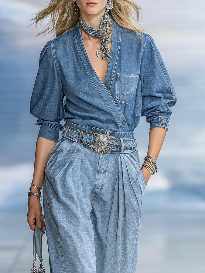 Ensemble Vintage en Jean avec Culottes Amples Chic