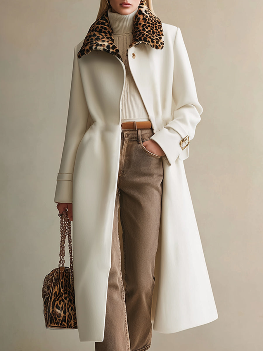 Long Crème Blanc en Laine avec Col en Fourrure Léopard - Élégance Urbaine