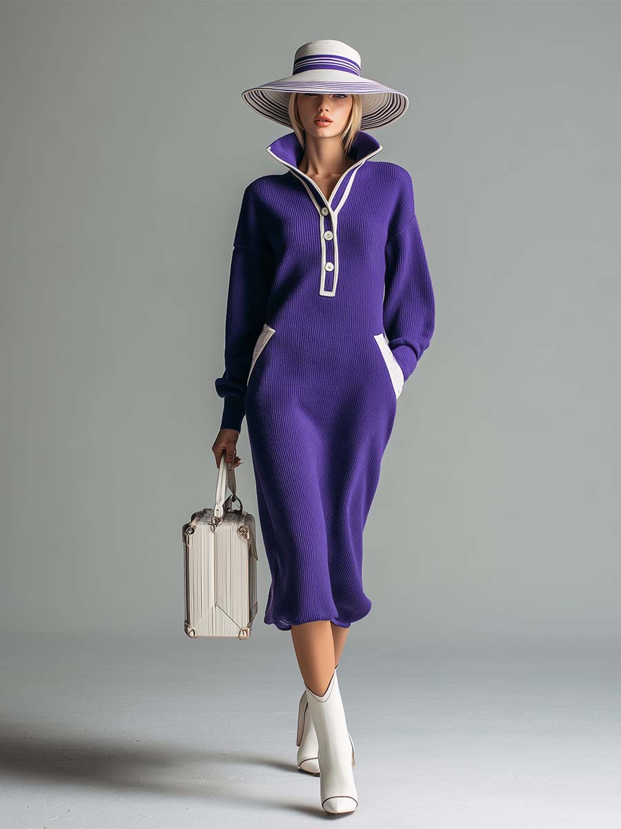 Robe Midi Tricotée Violet à Col Montant et Boutons - Élégance et Charme Assurés