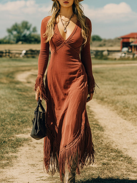 Robe Maxi Vintage en Coton Rouge Brique à Manches Longues et Franges