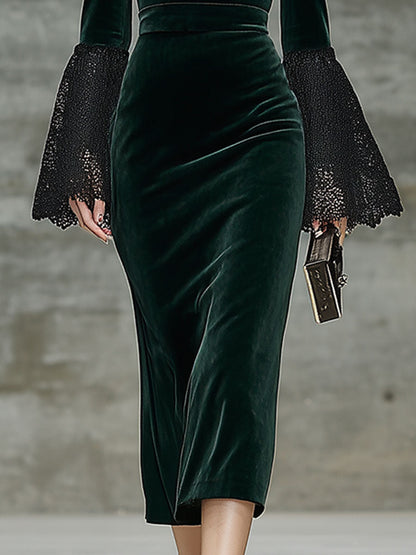 Robe Midi Vintage en Velours Vert avec Détails en Dentelle