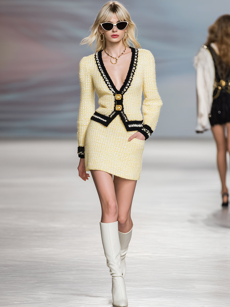 Élégant Cardigan Jaune Clair à Col V avec Détails Noir Tendance