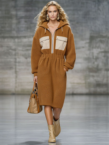 Robe Midi Décontractée en Polaire Camel Vintage avec Capuche et Taille Élastique