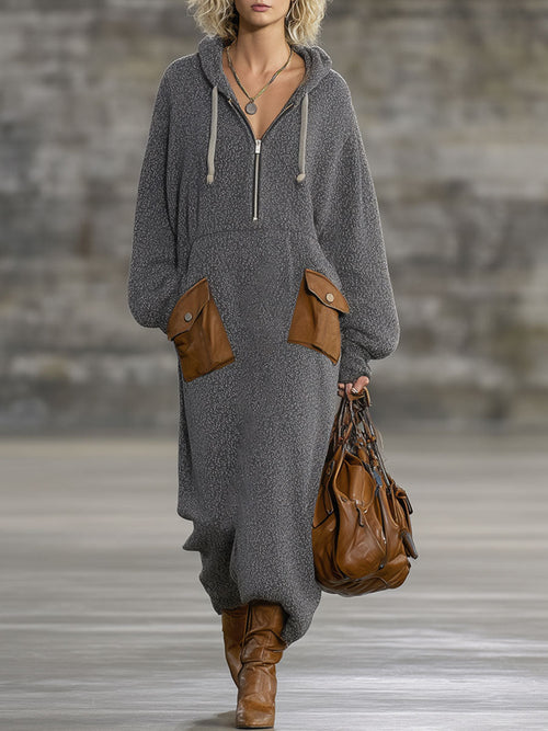 Robe Maxi Vintage à Capuche Grise : Élégance Décontractée