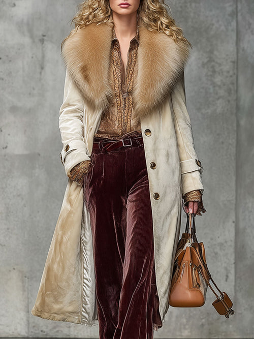 Long Velour Champagne Coat with Elegant Retro Fur Collar