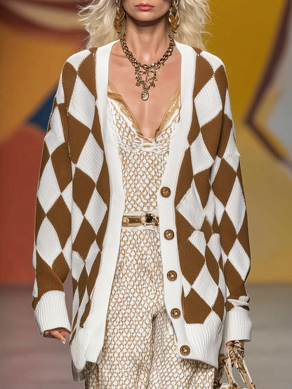 Cardigan Vintage Chic à Motif Losange en Brun et Blanc