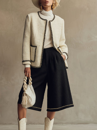 Chic Ensemble en Tweed : Veste Oversize à Col Rond et Pantalons Croisés à Jambes Larges