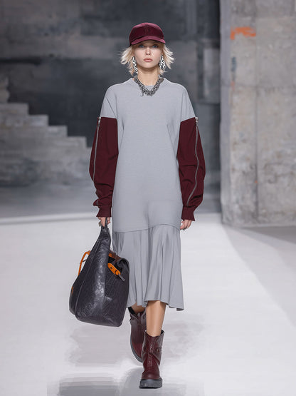 Robe Midi Sportive à Ourlet Plissé et Teintes Contrastées