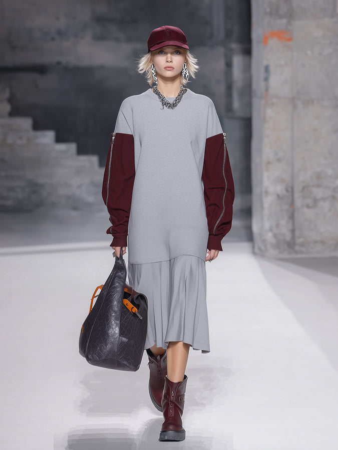 Robe Midi Sportive avec Ourlet Plissé et Détails Contrastants