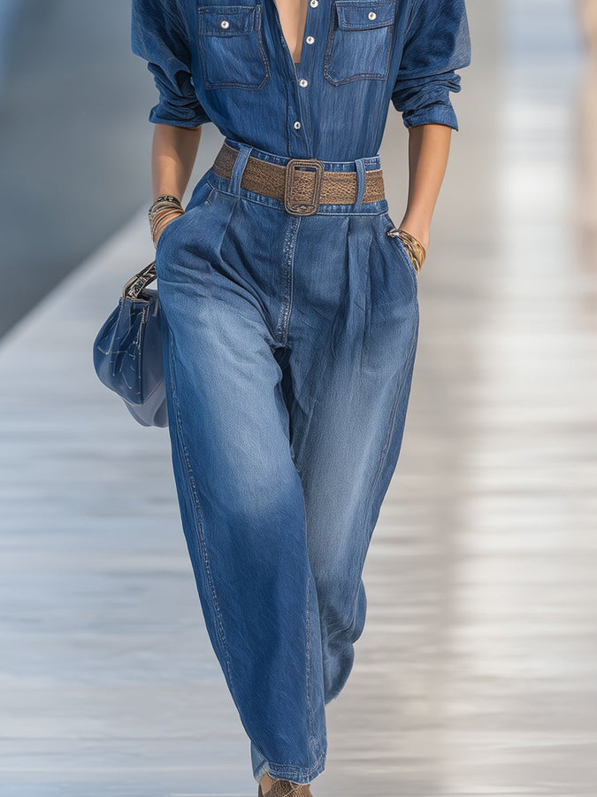 Ensemble Décontracté en Jean Bleu : Chemise et Pantalon à Jambes Larges