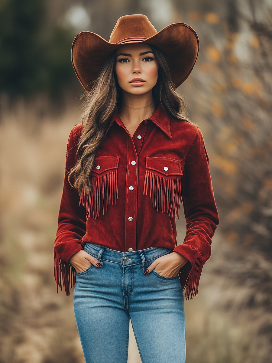 Chemise Western Cowboy Rouge en Daim à Manches Longues avec Col à Revers et Franges - Expédition Rapide sous 24 Heures!