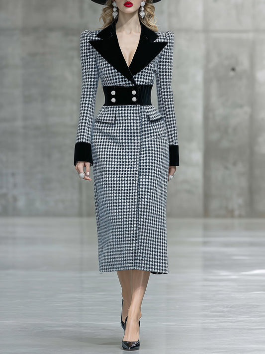 Élégante Robe Midi Houndstooth avec Col en Velours Noir - Un Incontournable Tendance