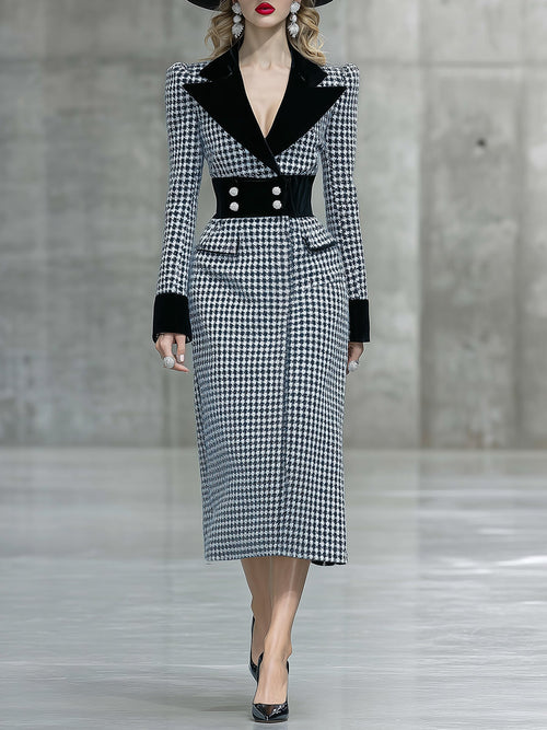 Robe Midi Houndstooth Élégante avec Col en Velours Noir – Un Must-Have Tendance