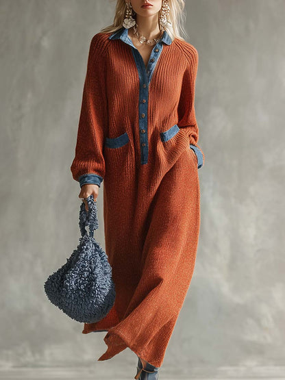 Robe Maxi Tricotée Orange en Denim : Chic et Décontractée