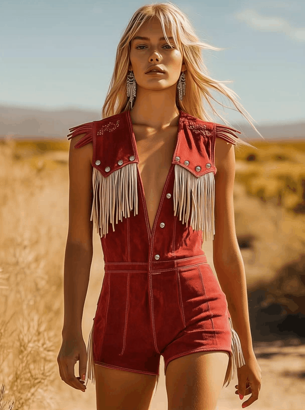 Expédition Rapide : Combinaison Rouge en Suède Style Cowboy avec Boutons Argentés et Franges Beiges