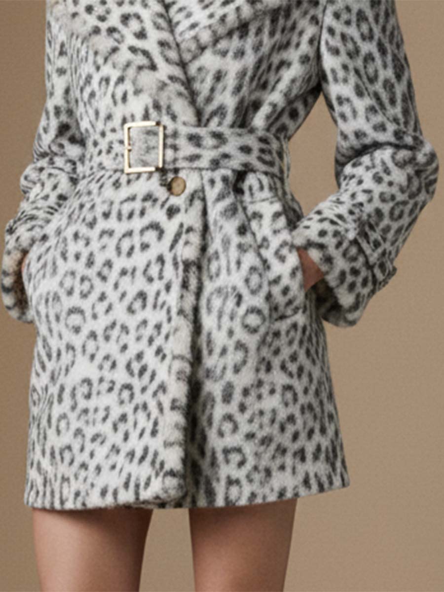 Veste en Peluche Imprimé Léopard Gris Clair au Style Rétro