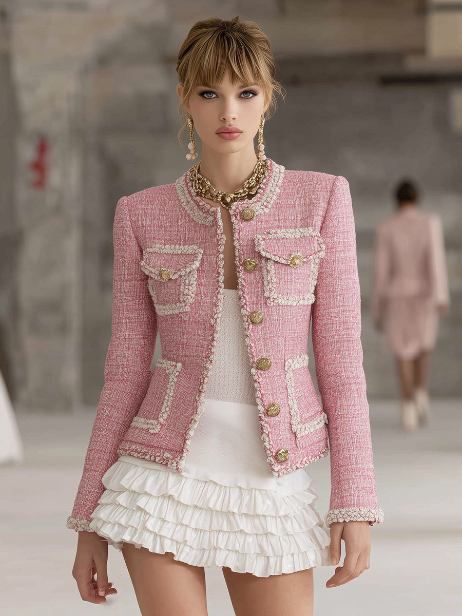 Veste Chic en Tweed Rose avec Détails Blancs et Panneaux Élégants