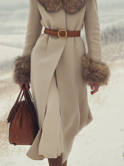 Chic Manteau Beige avec Finitions en Fourrure