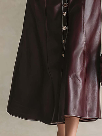 Robe Maxi Élégante en PU Rouge Vin avec Col et Boutonnage Avant