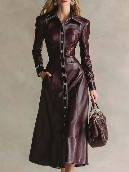 Robe Maxi Élégante en PU Rouge Vin avec Col et Boutonnage Avant