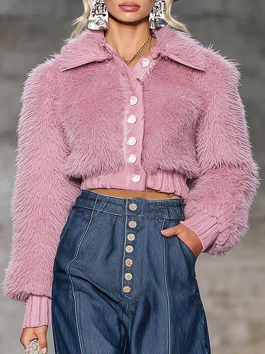 Rétro Long Cardigan en Fourrure Rose