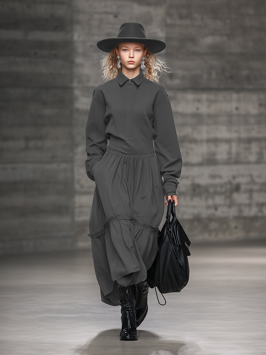 Robe Maxi Grise Sportive à Col Volant pour un Style Décontracté