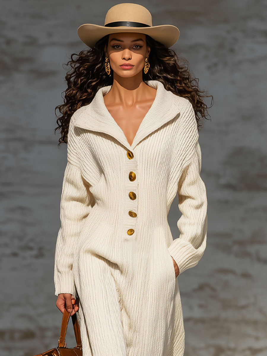 Combinaison Tricotée Chic avec Col Revers et Boutonnage Décontracté