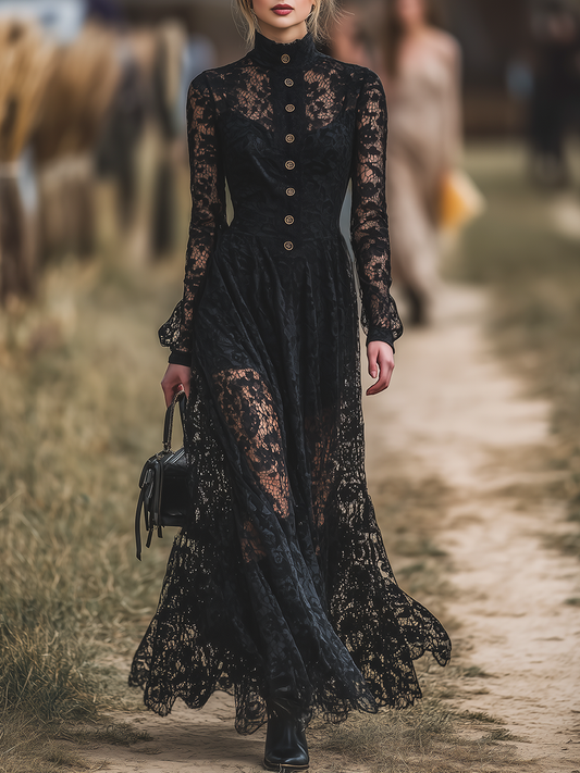 Élégante Robe Maxi en Dentelle avec Col Montant au Style Occidental