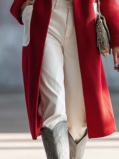 Chic Manteau Rouge en Polaire - Élégance Urbaine Mi-Longue