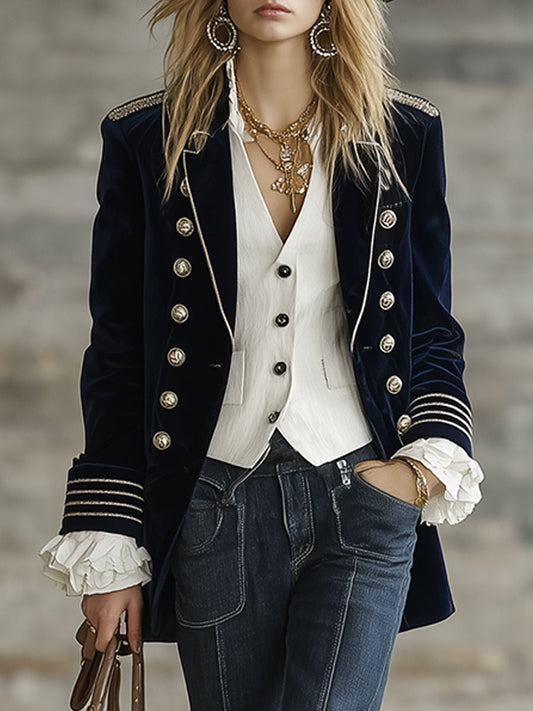 Veste de Costume Rétro en Velours Bleu Foncé à Double Boutonnage