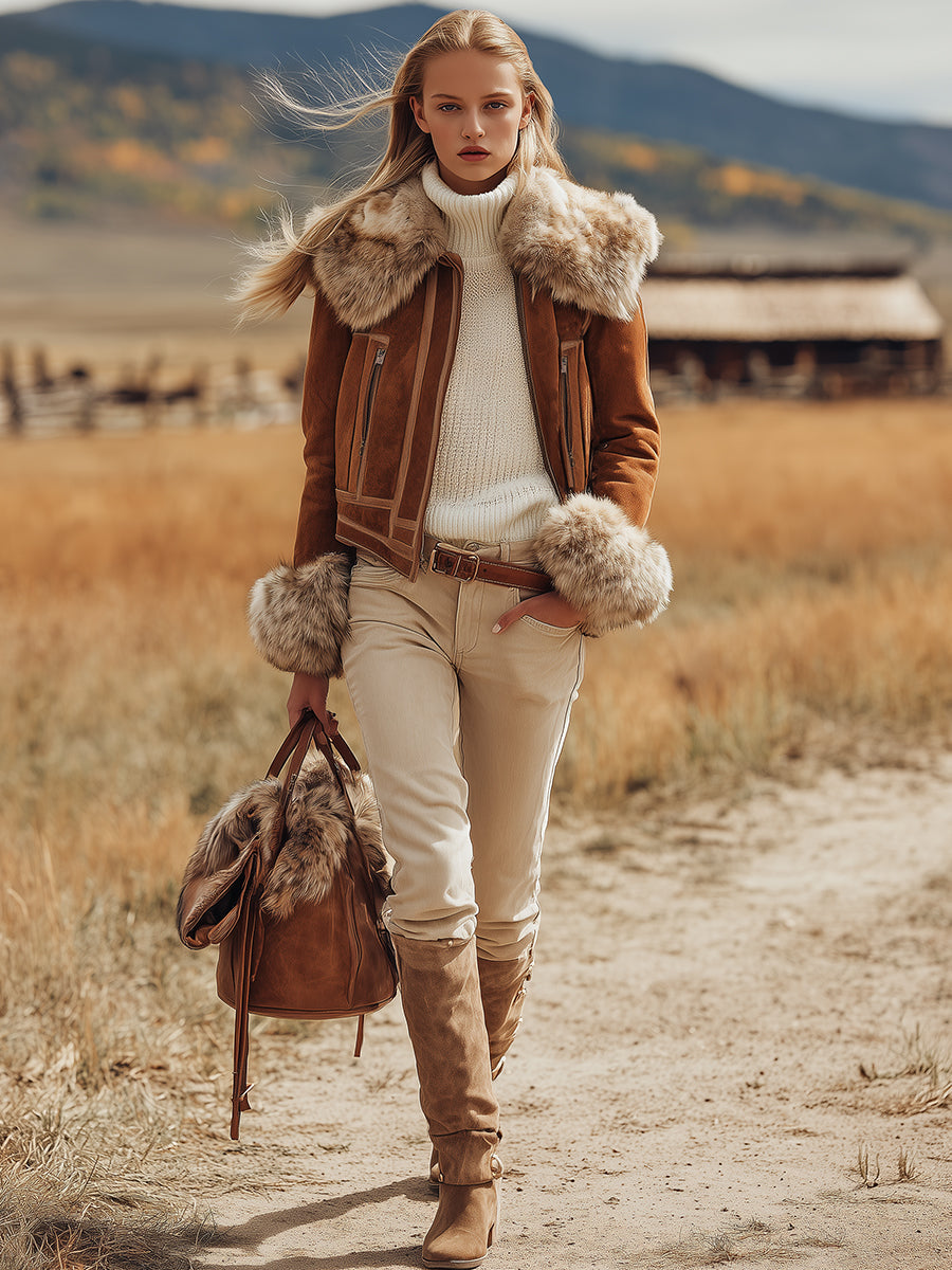 Veste en Suédine Marron au Style Vintage Western avec Finitions en Peluche