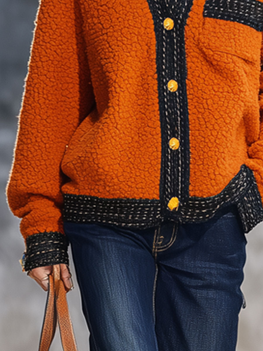 Veste en polaire orange avec bordure en ruban - Chic nomade urbain rétro