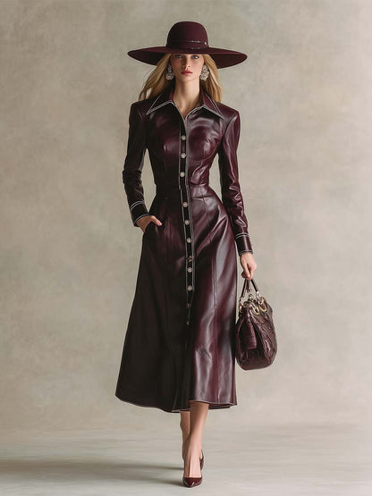 Robe Maxi Élégante en Similicuir Rouge Vin avec Col et Boutons