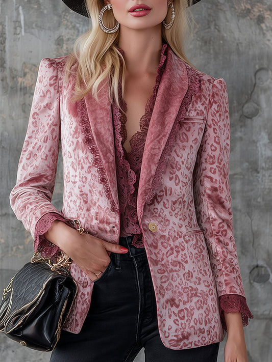 Veste Élégante en Velours Rose à Imprimé Léopard avec Détails en Dentelle