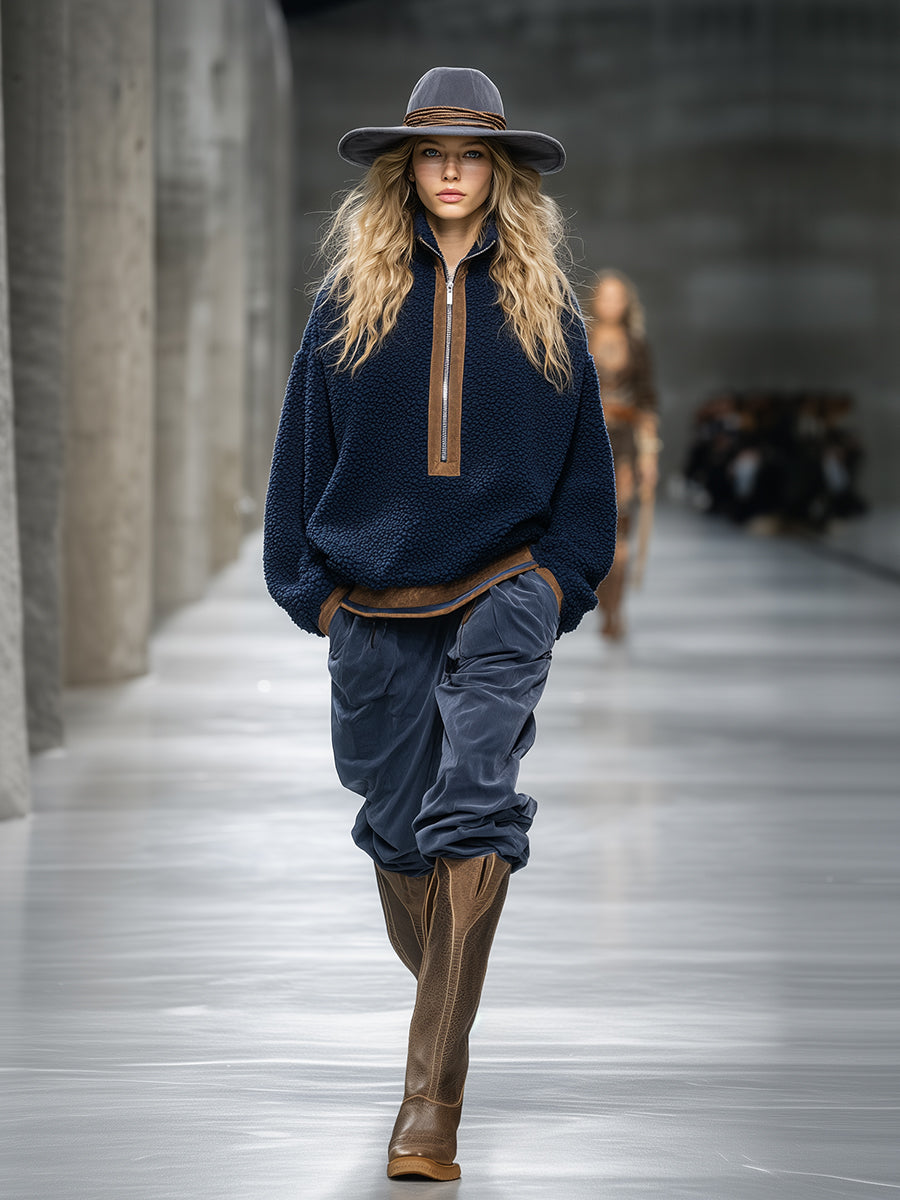 Pull Fleece Teddy Bleu avec Détails Marron Rétro et Tendance