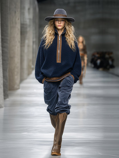 Pull Fleece Teddy Bleu avec Détails Marron Rétro et Chic