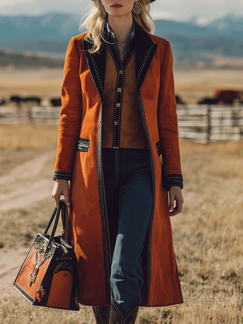 Veste en faux suède orange au style rétro nomade avec finitions noires